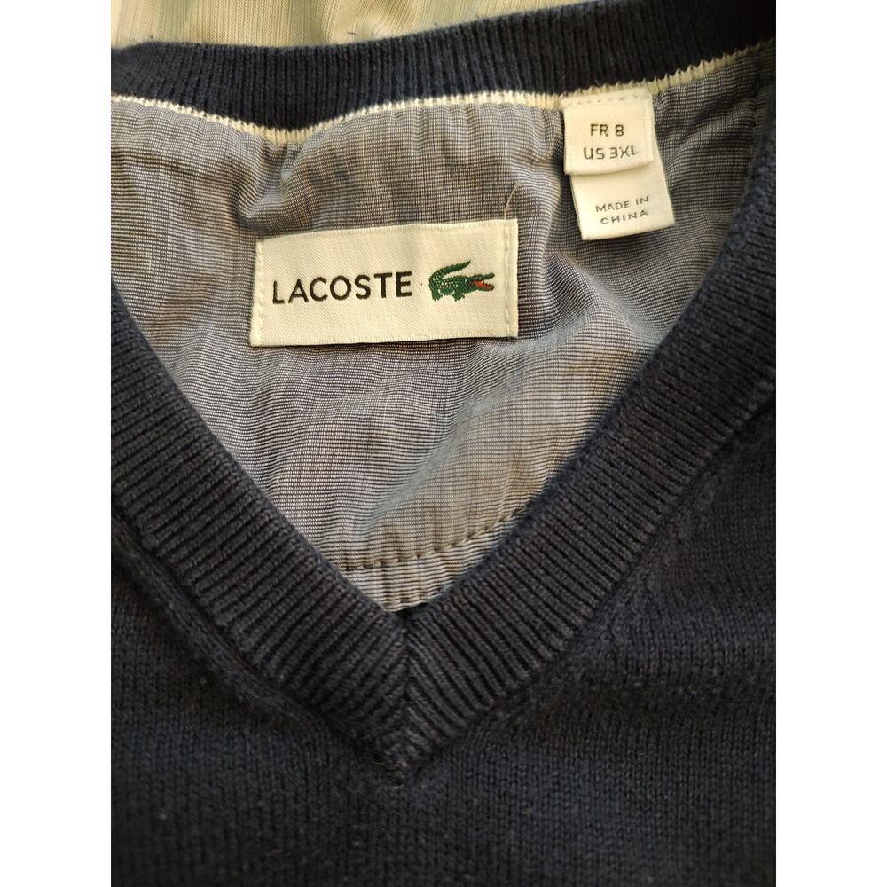 Men's Lacoste Navy Blue Cotton V-Neck Knit Long Sleeve Sweater Size 8 3XL - Picture 5 of 7